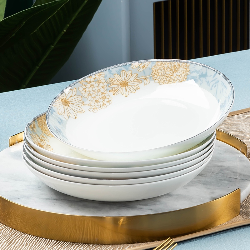 8寸高档家用盘子圆形陶瓷餐具组合深盘装菜盘子中式高颜值易清洗