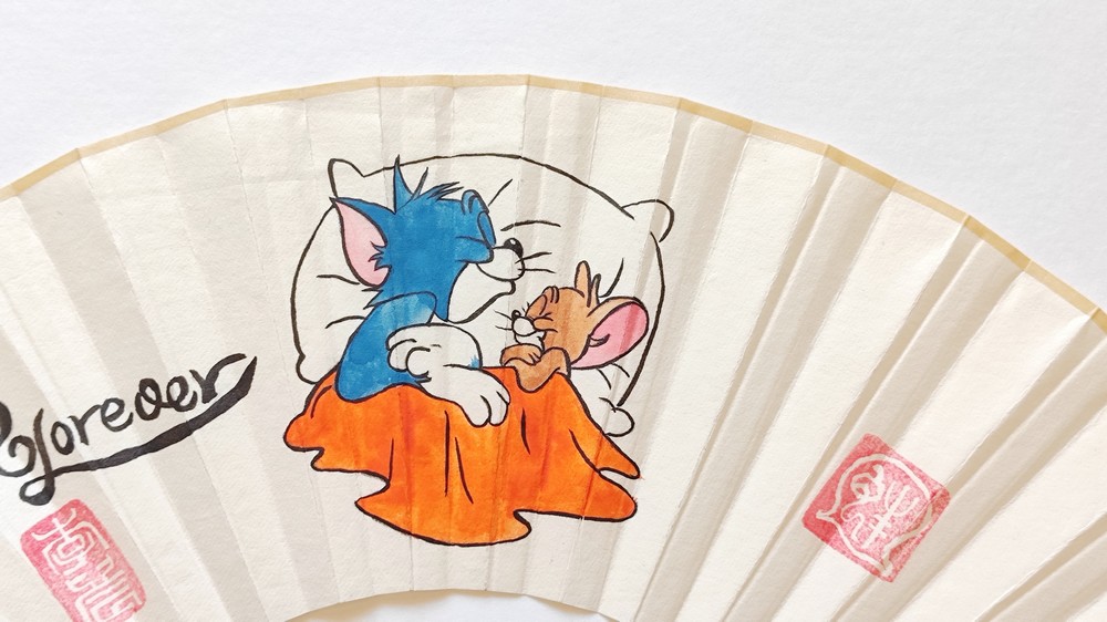 手绘折扇猫和老鼠单面礼物八寸竹制中国风扇子怀旧卡通个性动画片