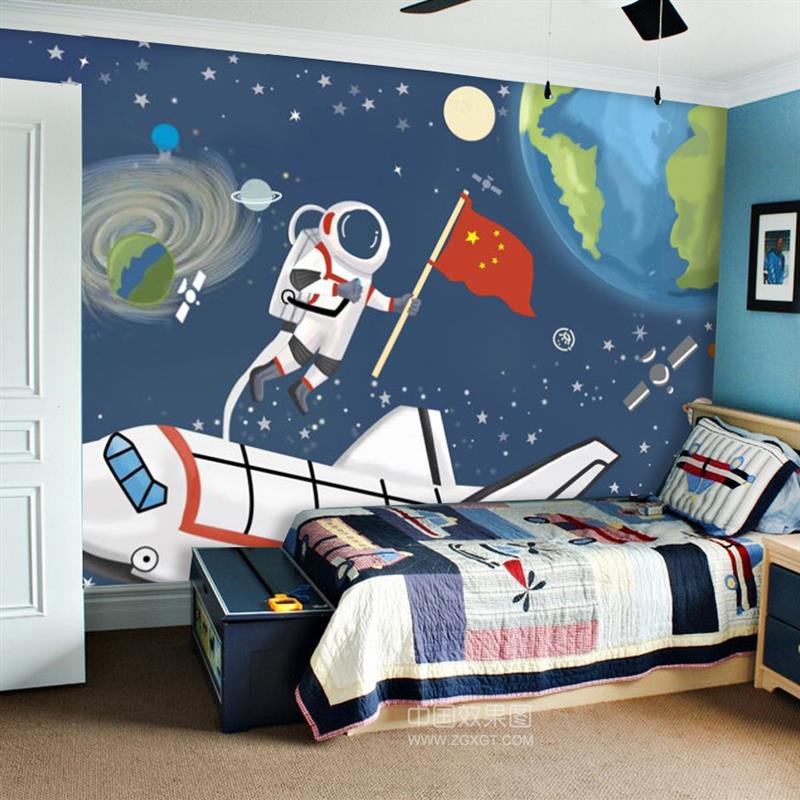 卡通宇宙太空宇航员墙纸儿童房墙布男孩卧室背景墙壁纸定制壁画