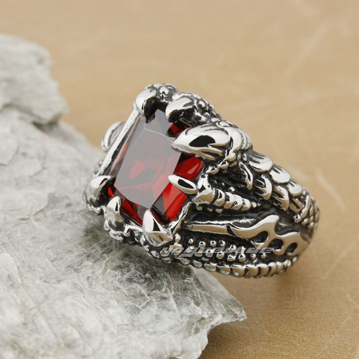 复古时尚男款316L不锈钢红色锆石戒指Cool骑士个性龙爪钛钢戒指男