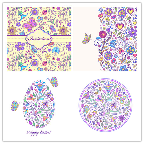 矢量设计素材 可爱的复活节花纹 彩蛋花朵蝴蝶 EPS格式源文件 4P