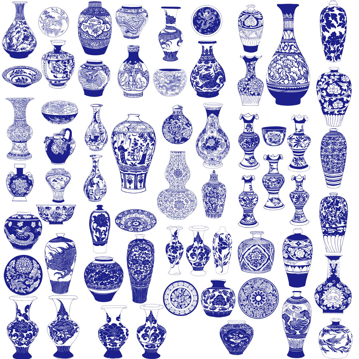67款古典传统青花瓷器陶瓷瓶罐图案花鸟纹样矢量透明素材装饰挂画