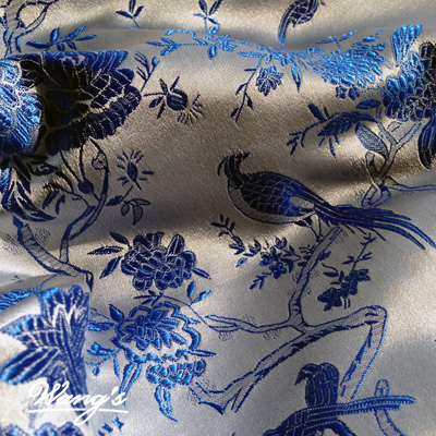 Wa王氏手工 青灰蓝色 复古喜鹊传统图案绸缎布料 cos软包面料