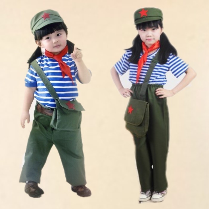 儿童红卫兵演出服装幼儿八路军表演服饰儿童海军服 蓝白条小军装