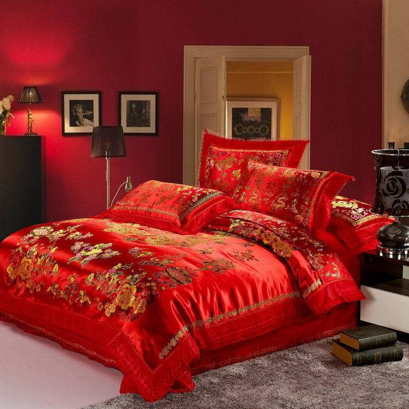 龙凤百子图婚庆用床品大红色结婚四件套绸缎床单被套床上用品包邮