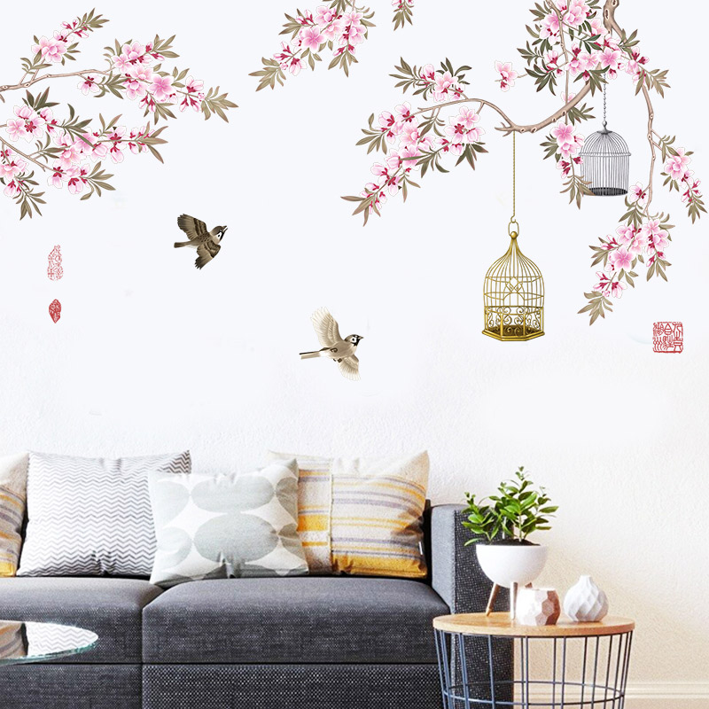 沙发中国风桃花墙贴温馨卧室壁纸自粘防水贴纸房间装饰品客厅贴画