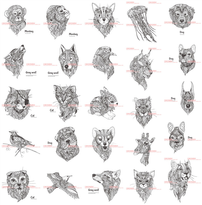 A0288矢量AI设计素材 25张民族风花纹动物头像logo猫咪狗狮子鸟