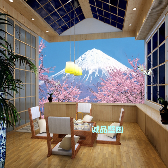 日本富士山樱花日式墙纸壁纸大型壁画料理店寿司店背景墙装饰画
