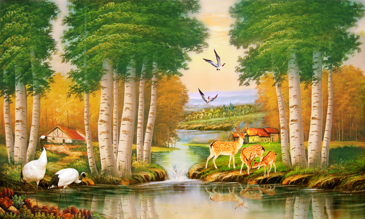 756海报印制展板写真喷绘182风景小溪树林鹿丹顶鹤油画装饰画贴纸