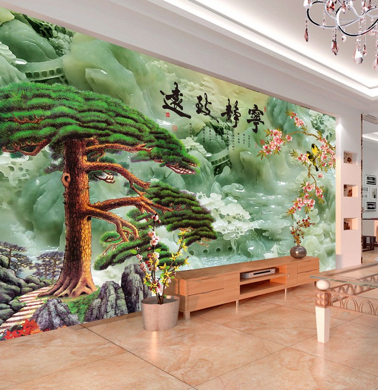 中式新古典仿玉石瓷砖背景墙貔貅大象迎客松电视沙发影视3d雕刻砖