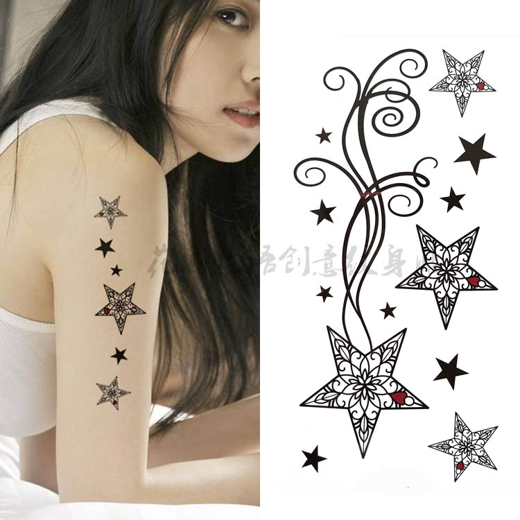 防水纹身贴男女黑白手绘简单线条个性刺青贴逼真五角星星