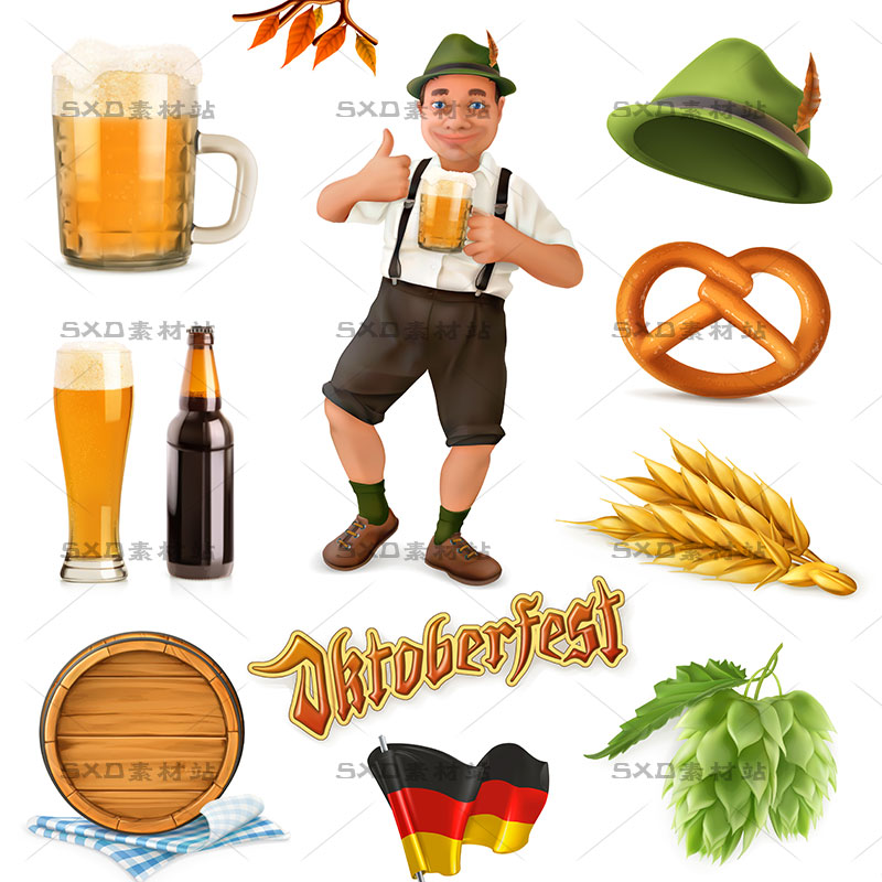 慕尼黑啤酒节人物帽子杯子酒桶稻穗图案3d矢量设计素材 6EPS