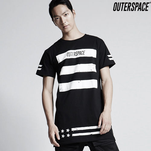 台湾OUTERSPACE长版侧开拉链T恤黑色条纹夏季男款短T短袖上衣时尚