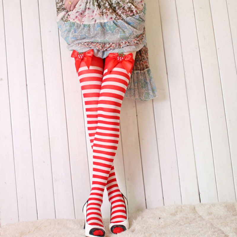可爱蝴蝶结红白条纹高筒袜学生袜圣诞袜子cosplay长筒过膝袜