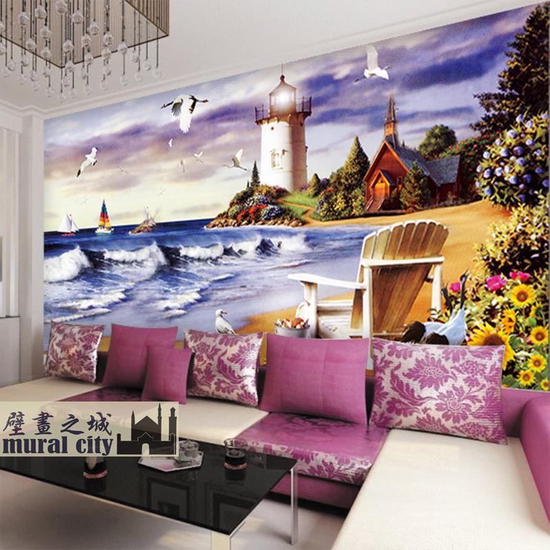 地中海油画风格墙纸海鸥沙滩欧式油画壁纸酒店大型壁画电视背景墙
