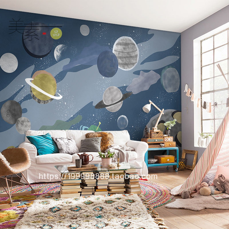 星空壁纸蓝色卡通星球壁画早教中心儿童房墙纸男孩美式北欧风壁布
