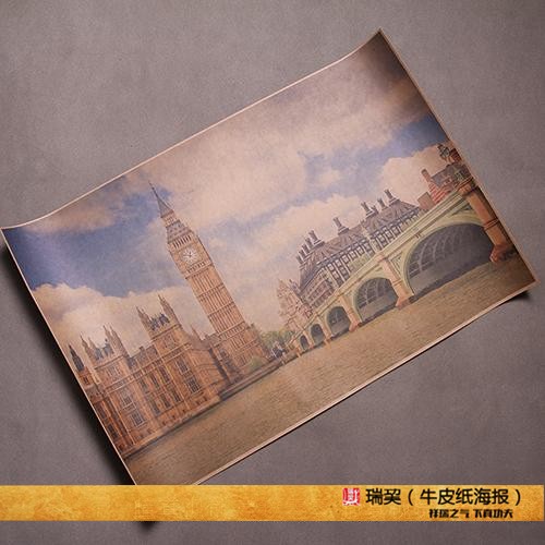 全球标志性建筑系列 伦敦大本钟 泰晤士桥 风景装饰画复古风