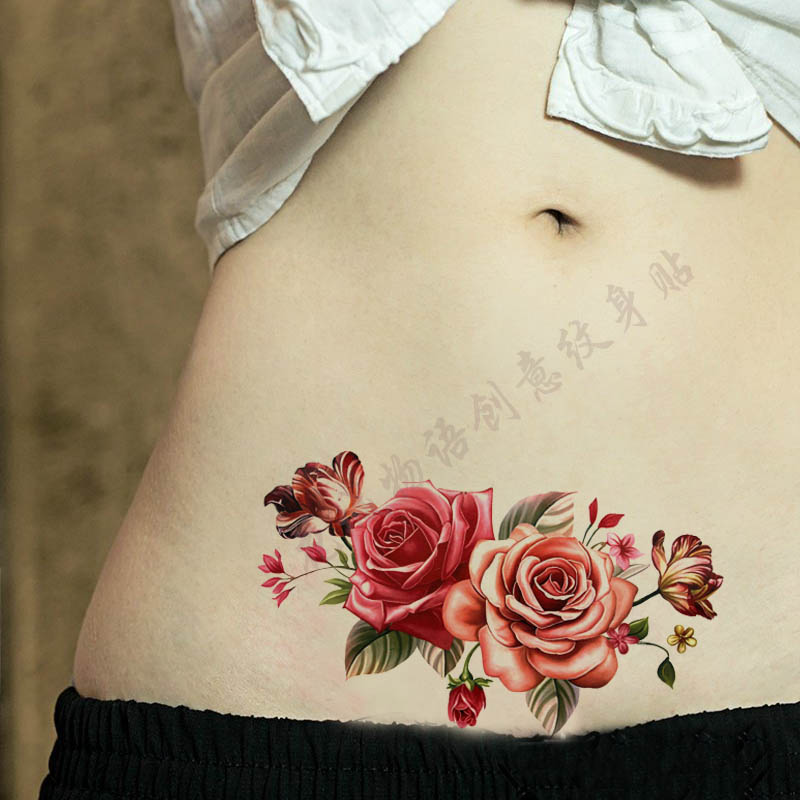 防水纹身贴女持久玫瑰花彩色大花文身贴遮疤痕写真腹部背部