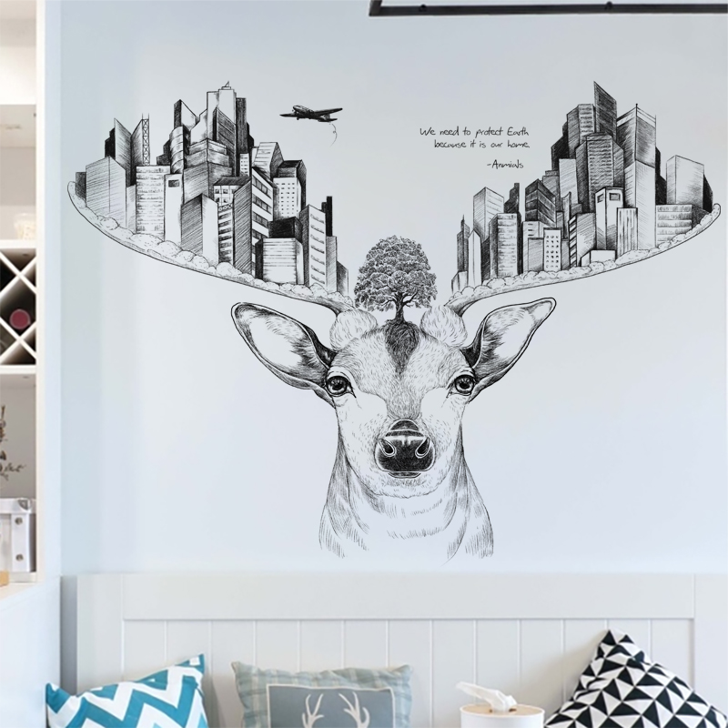 个性麋鹿头现代客厅沙发背景墙贴纸创意手绘素描城市建筑墙纸贴画