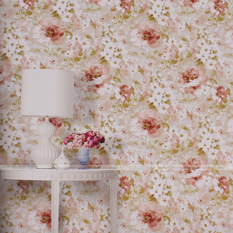 客厅纯纸 艳丽水墨花朵叶纹 美国原装进口壁纸seabrook 锡布鲁克