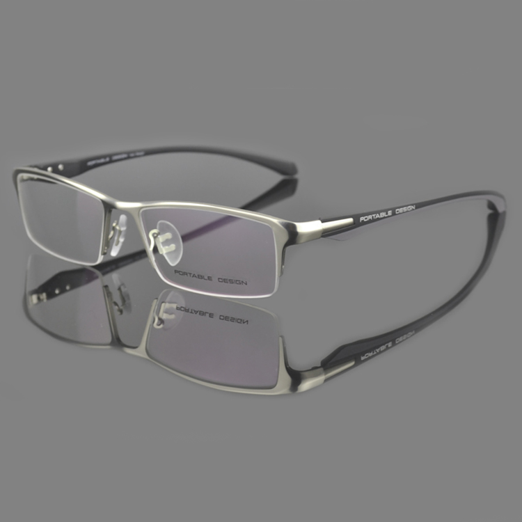 钛合金方半框拉丝近视眼镜框TR90商务银色眼镜架配变色防辐射镜片