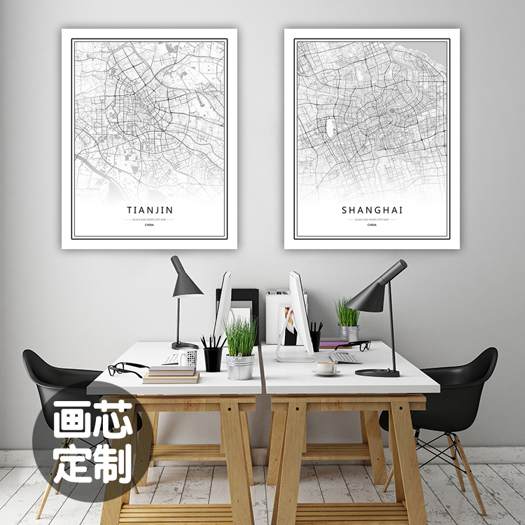 北京上海天津重庆城市艺术创意线描地图办公室沙发黑白装饰画画芯
