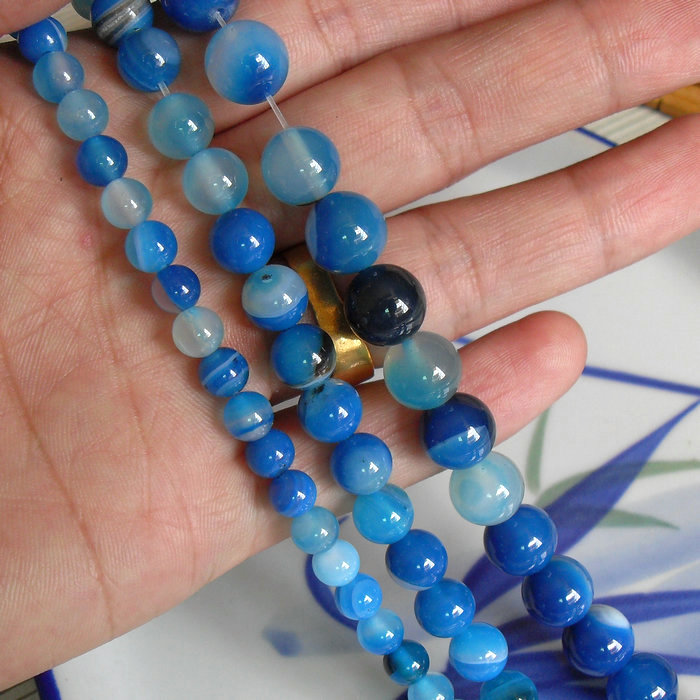 4-6-8-10-12-18mm蓝条纹玛瑙圆珠珠子 diy手工饰品材料 串珠配件