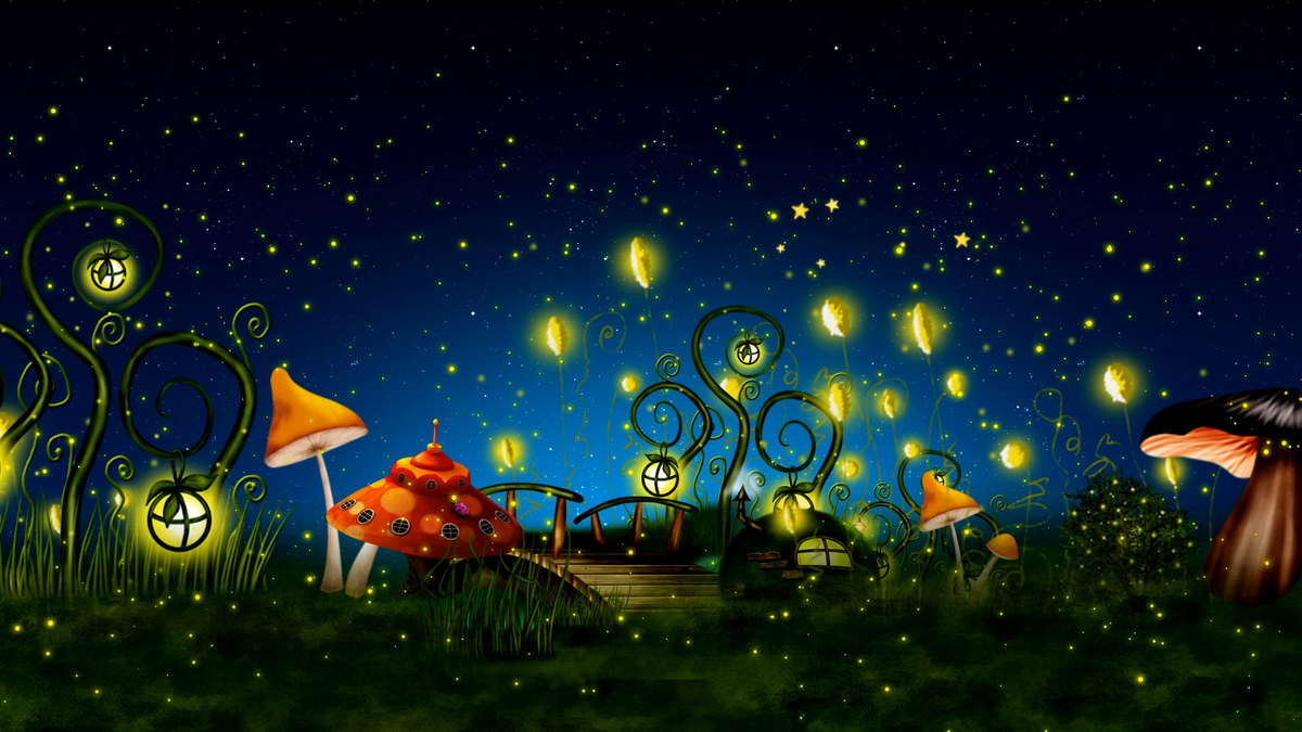 h461儿童卡通星空蘑菇萤火虫 童话森系婚礼LED大屏幕视频背景素材