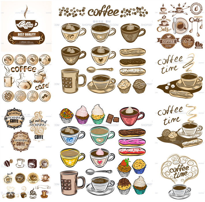 A3524矢量手绘咖啡纸杯蛋糕logo菜单插画花纹下午茶 AI设计素材