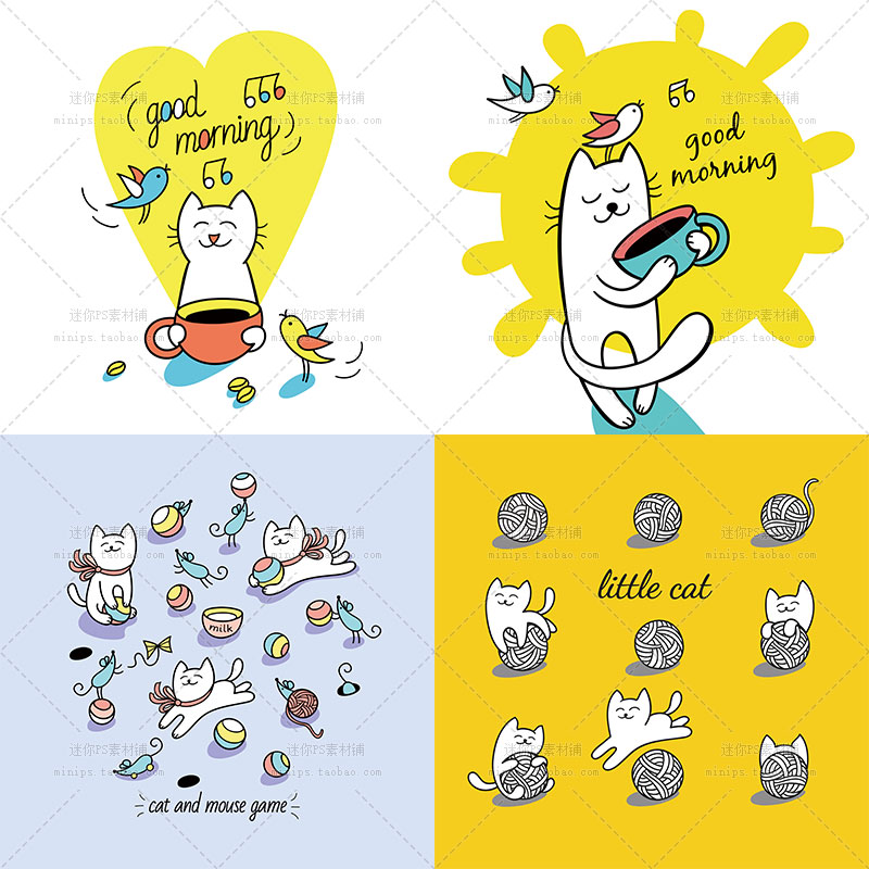 606号卡通猫咪咖啡牛奶日韩手绘儿童插画装饰画芯ai矢量设计素材