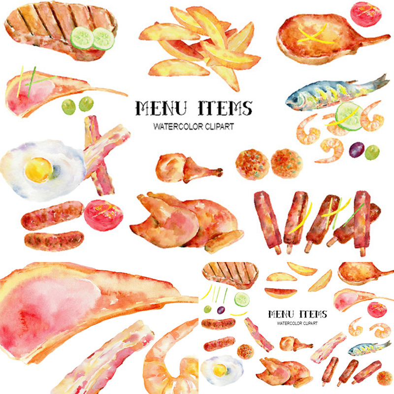 38号食品美味香肠牛排煎蛋虾仁西餐图案手绘水彩PNG免抠设计素材