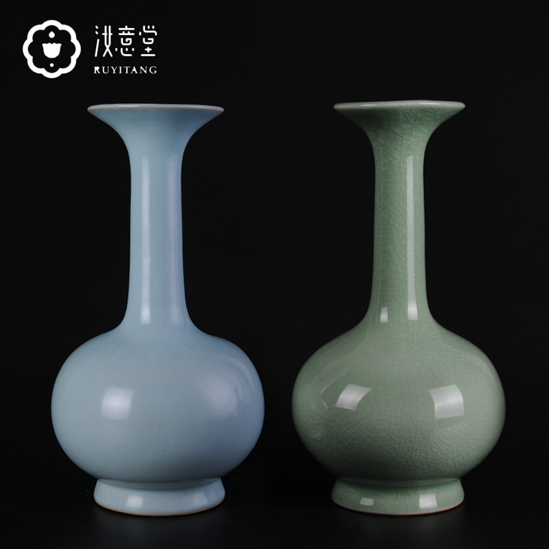 仿古汝窑陶瓷花瓶青瓷冰裂纹瓷器中式简约高端客厅博古架装饰摆件