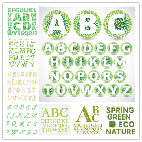 矢量设计素材 绿草春天花朵图案英文字母模板 EPS格式 8P
