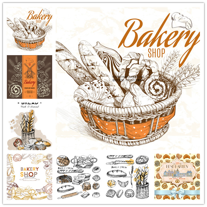 A2733矢量烘焙面包海报菜单图案线稿素描插画 AI设计素材