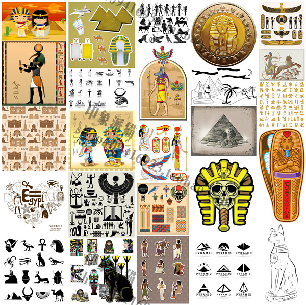 矢量设计素材 古埃及元素图案狮身人面像木乃伊图腾符号金字塔EPS