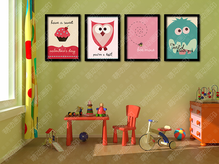 可爱装饰画儿童卧室简约创意挂画墙壁画插画卡通蛋糕蜜蜂猫头鹰