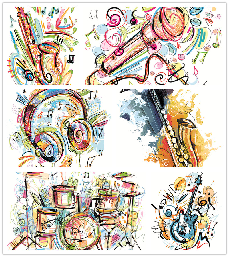 A0935矢量彩色手绘涂鸦风格音乐器耳机架子鼓海报模板 AI设计素材