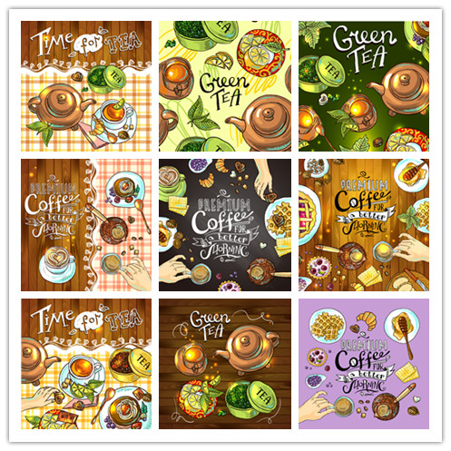 矢量设计素材 卡通手绘风格咖啡下午茶甜品甜点海报模板 EPS格式