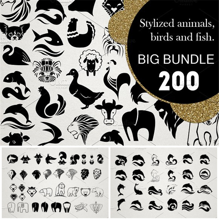 A0366矢量AI设计素材200个抽象动物logo头像鱼鸟狮子猪鸡狗马牛羊