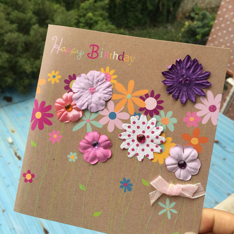 Birthday card外单生日贺卡手工制作对折缤纷花朵生日祝贺卡10620