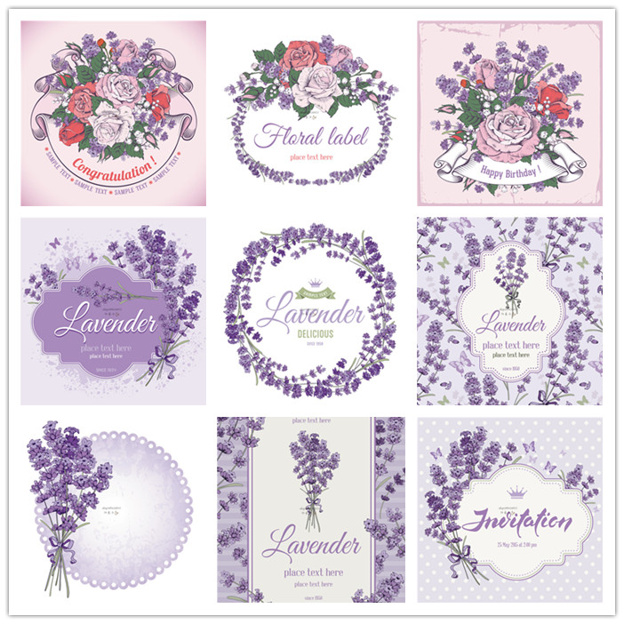 矢量设计素材 复古玫瑰薰衣草背景花环花朵卡片婚礼模板 EPS格式