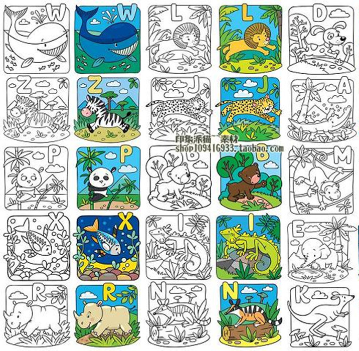矢量设计素材 可爱儿童插画填色线稿彩图狮子鳄鱼袋鼠熊猫 EPS