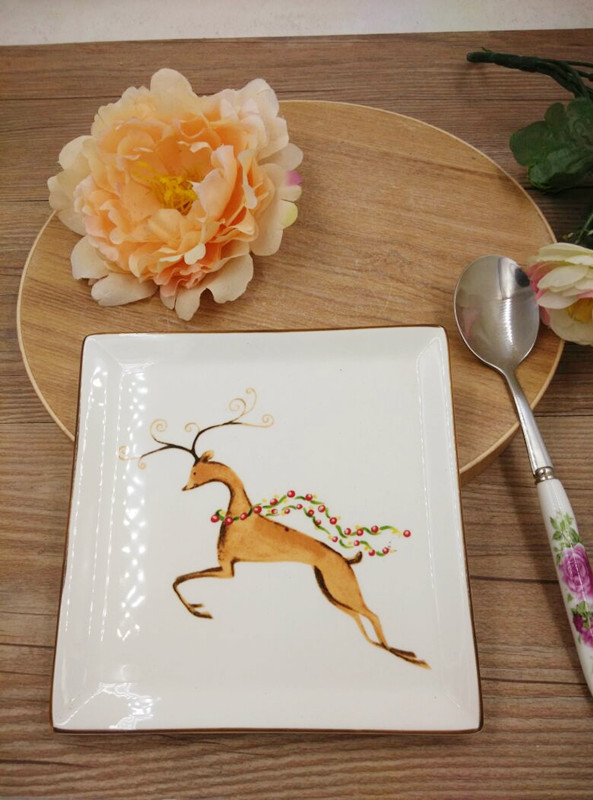 奔跑吧小鹿。外贸陶瓷四方小平盘6寸甜品蛋糕盘托盘