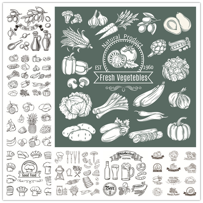 食物线稿手绘水果蔬菜啤酒烧烤BBQ简笔画 AI/EPS矢量设计素材
