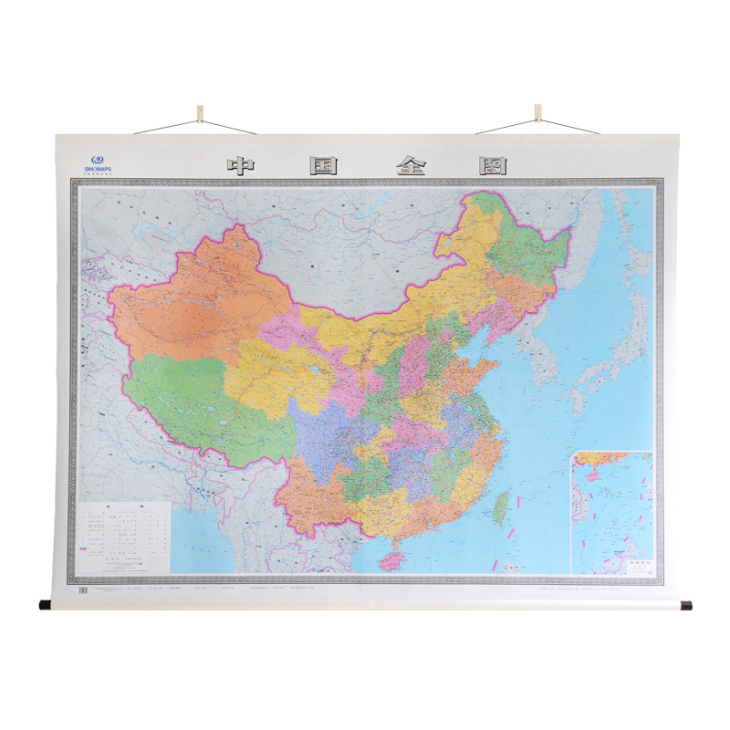 中国地图挂图 2米*1.5米 精装挂绳木轴设计 高清晰覆膜防水 中国全图 办公室 教室 家用均可 高档大气 打开地图看世界