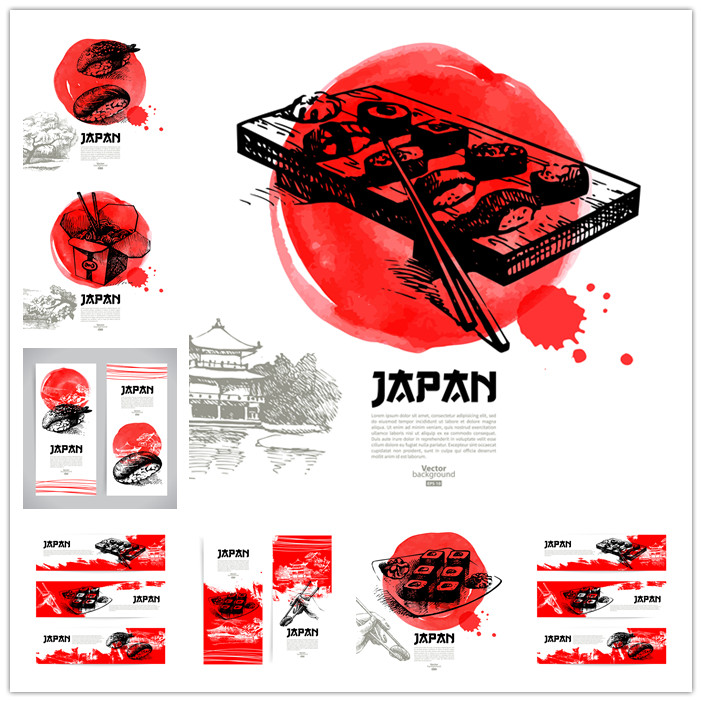 矢量设计素材 日本日式风格手绘复古食物海报横幅菜单寿司EPS格式