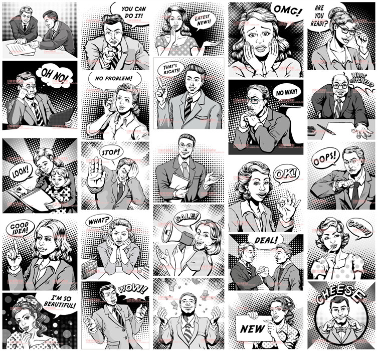 A0554矢量AI设计素材 25张黑白波普漫画风格人物对话故事板插画