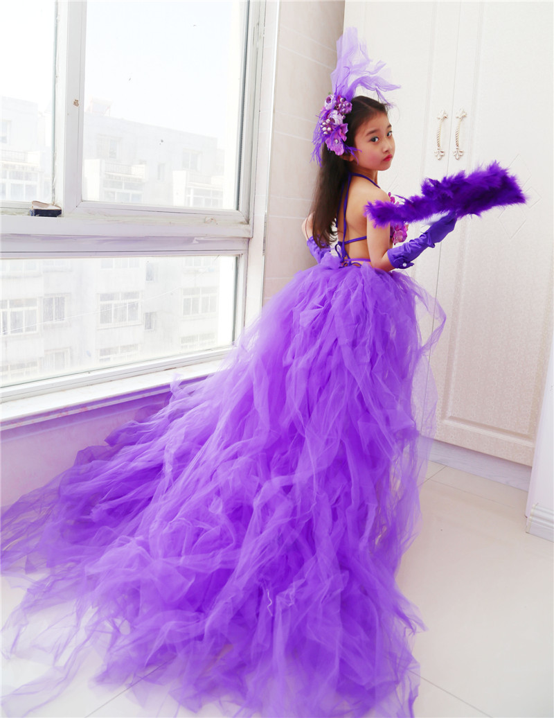 女童紫色比基尼泳装 走秀带可拆拖尾泳衣秀 维密天使比赛花朵