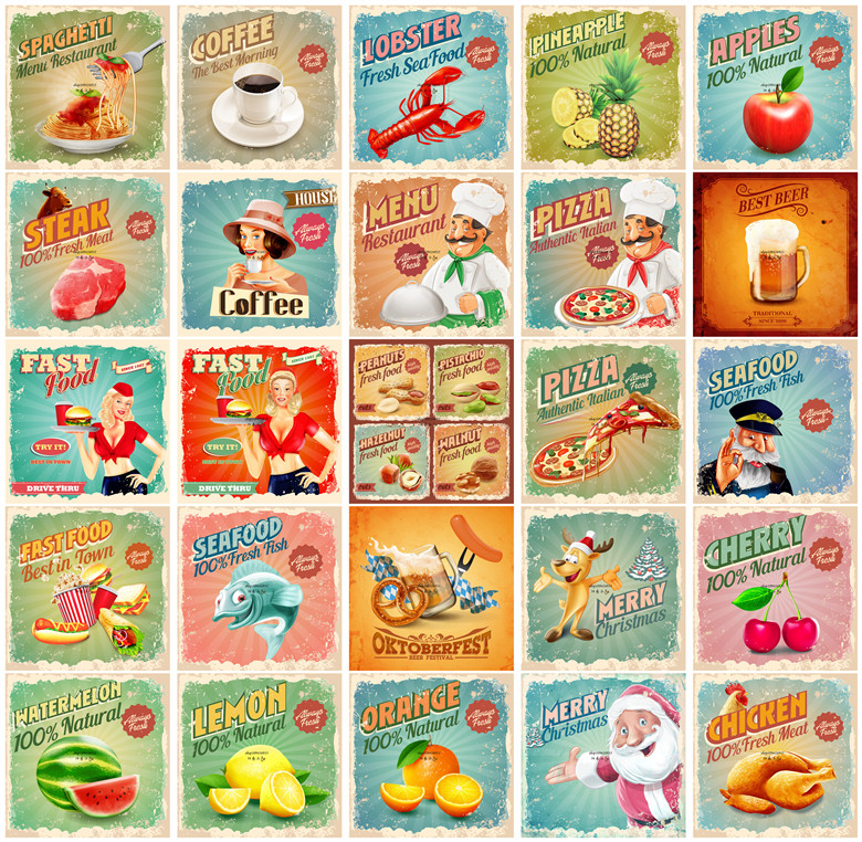 矢量设计素材 欧美复古食物海报模板龙虾咖啡圣诞水果开心果EPS