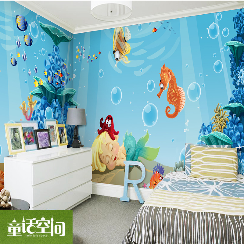 壁画墙纸 卧室儿童房背景墙海底世界卡通无纺布蓝色壁纸 小美人鱼